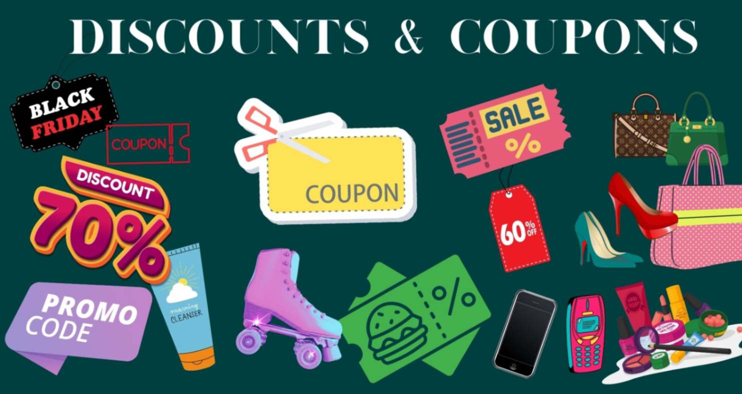 Discounts and coupons-infographics of coupons products-including shoes,bags,phones make-up.