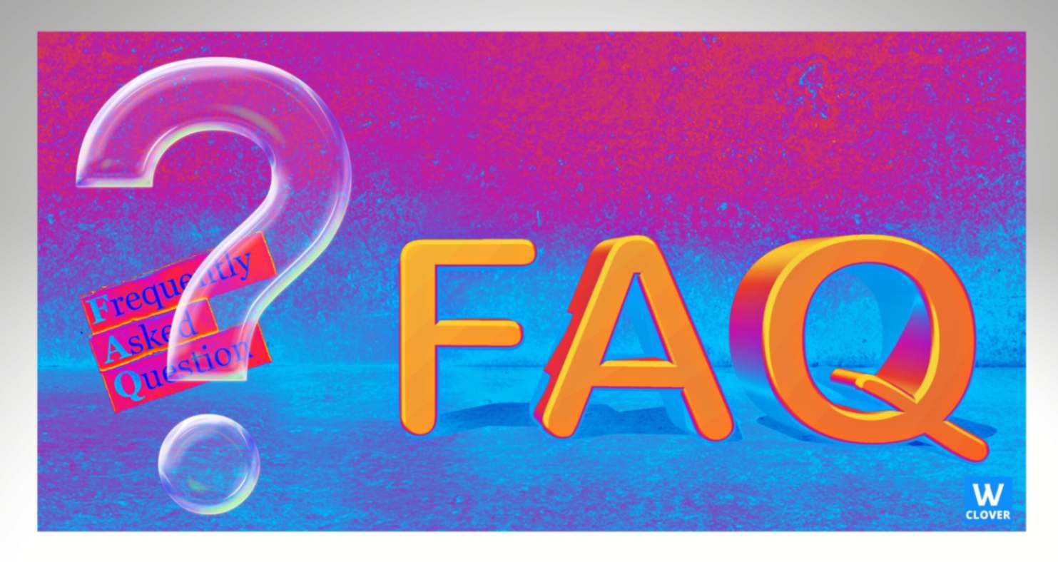 FAQ frequently asked-questions, infographic yellow words FAQ, on blue pink background with -transparent question mark.