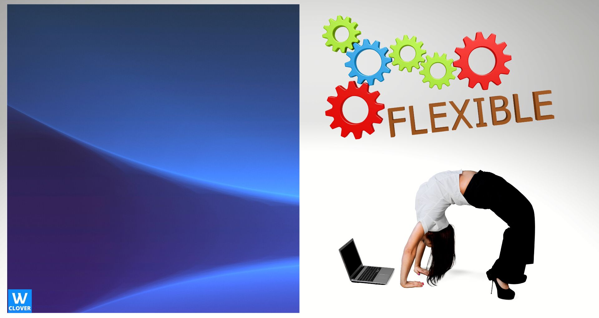 Flexible-women arching her back on the floor with a laptop.