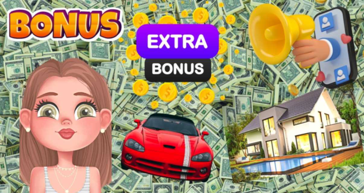 Give relevant bonuses away-infographics of women-with red sports car and house with pool on a background of dollar notes