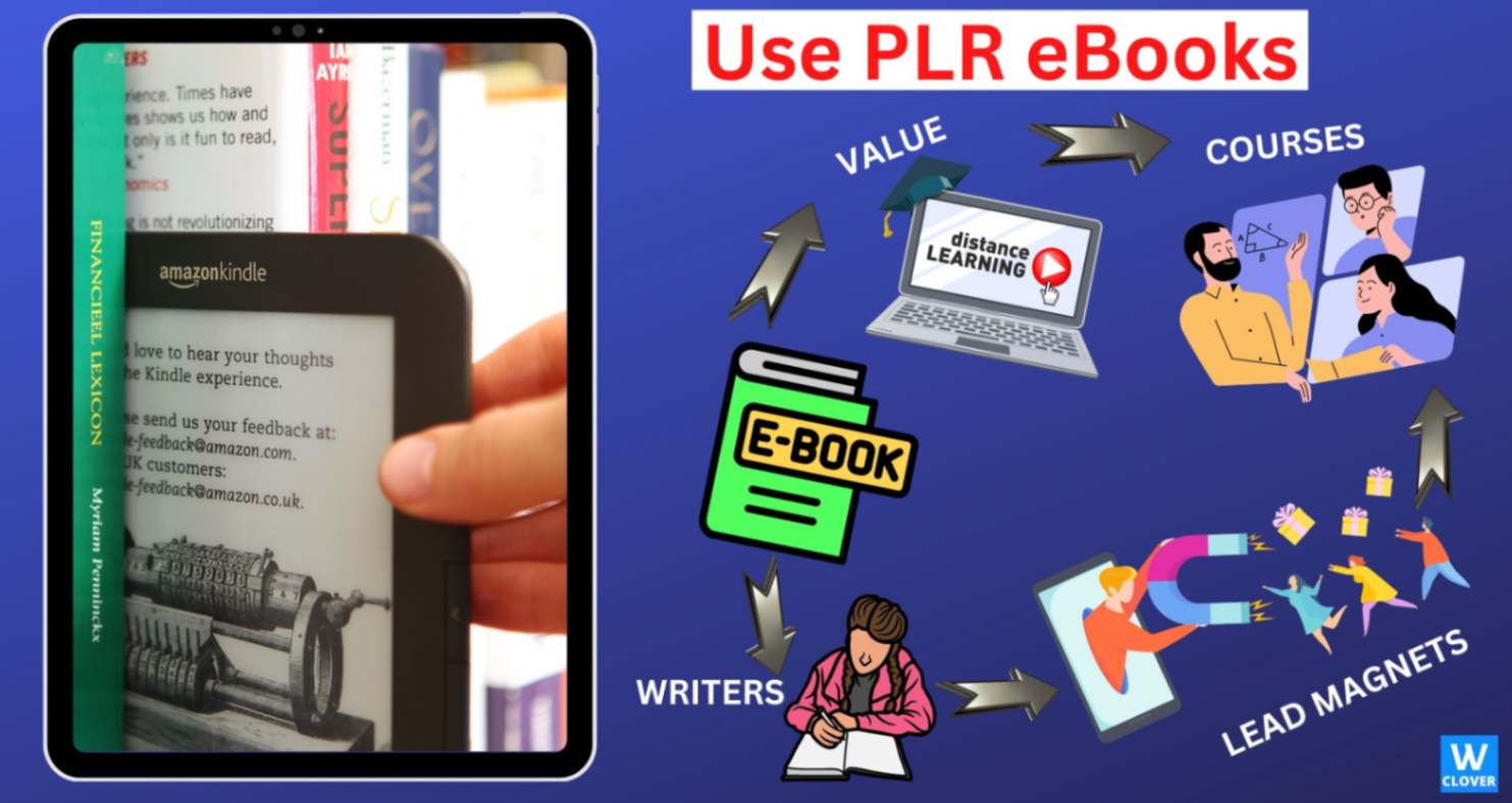 Use plr eBooks-fingers taking tablet from bookshelf-infographics of, course creation, eBook creation and lead magnet