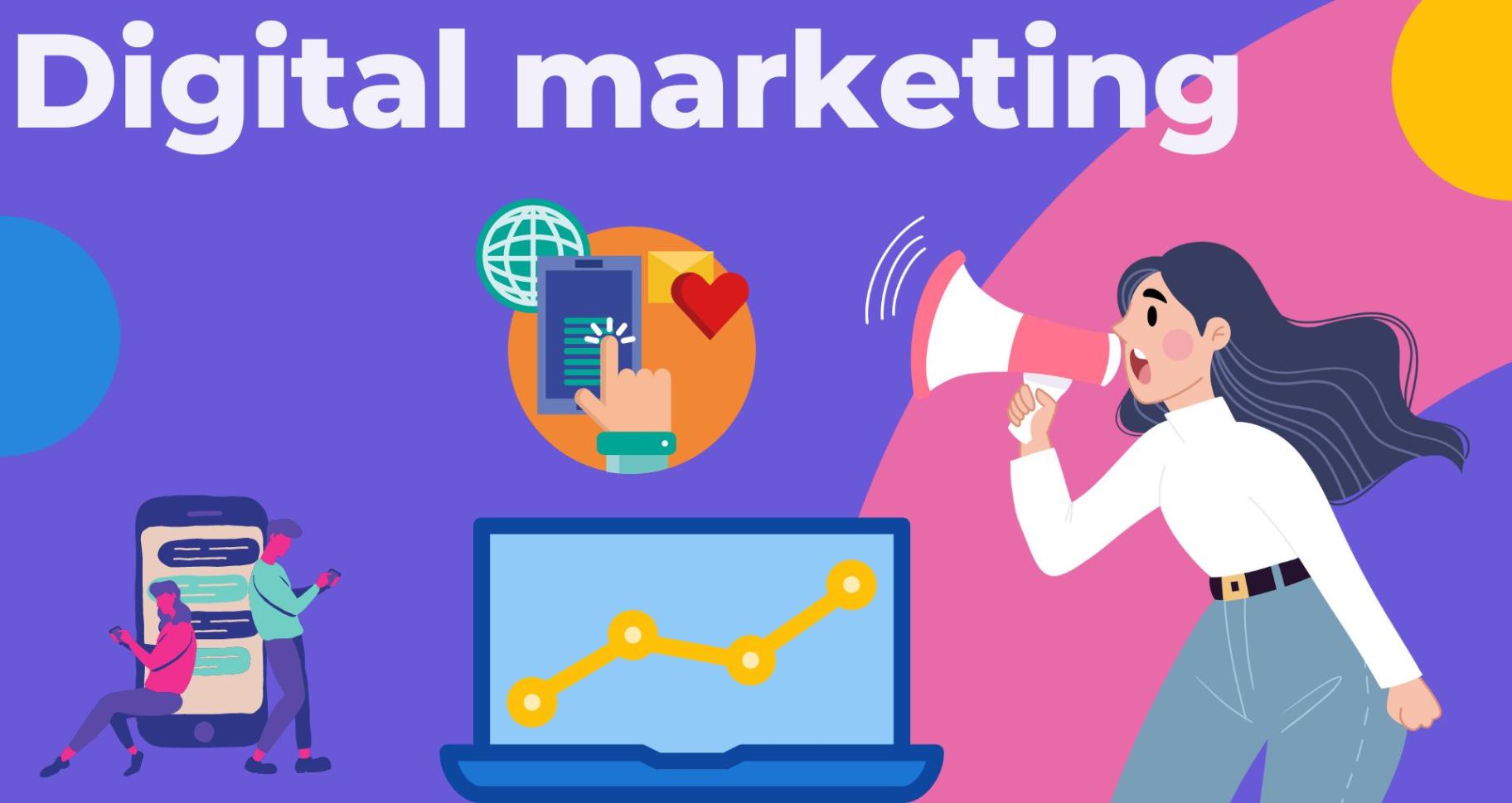 digital marketing with infographics of a women holding a megaphone