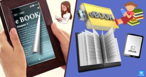 eBook- holding-tablet infographics-girl reading a book, yellow key USB, with eBook written on it.