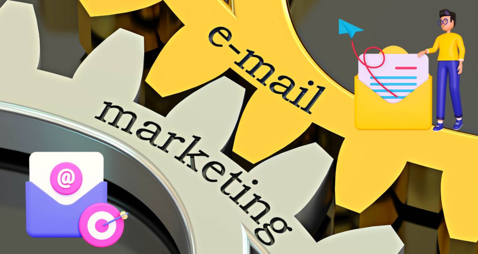 email marketing-infographic of yellow and baige cogs-man and yellow envelope standing on yellow cog.