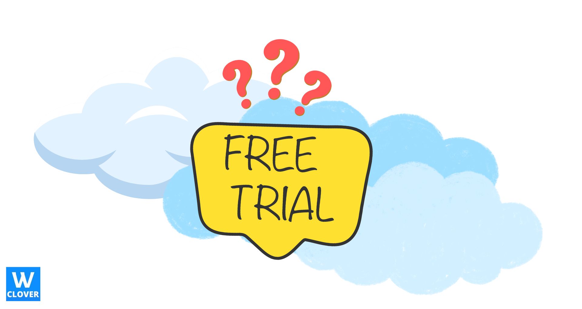 samcart vs thrivecart-infographics of free trial,on yellow sign with blue clouds and red question marks.