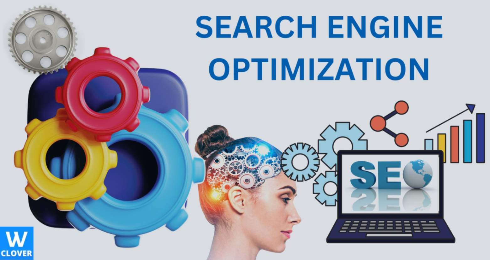 search engine optimization-infographics of womens head with cogs and laptop.