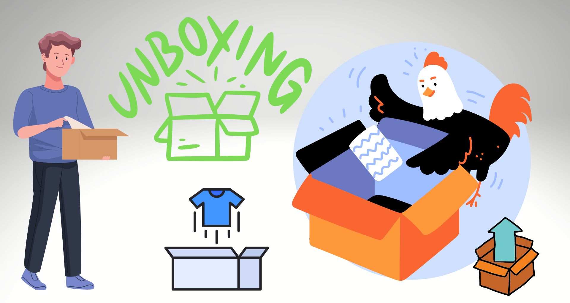 Unboxing Videos-infogramme of chicken opening box-cartoon man opening smaller box.