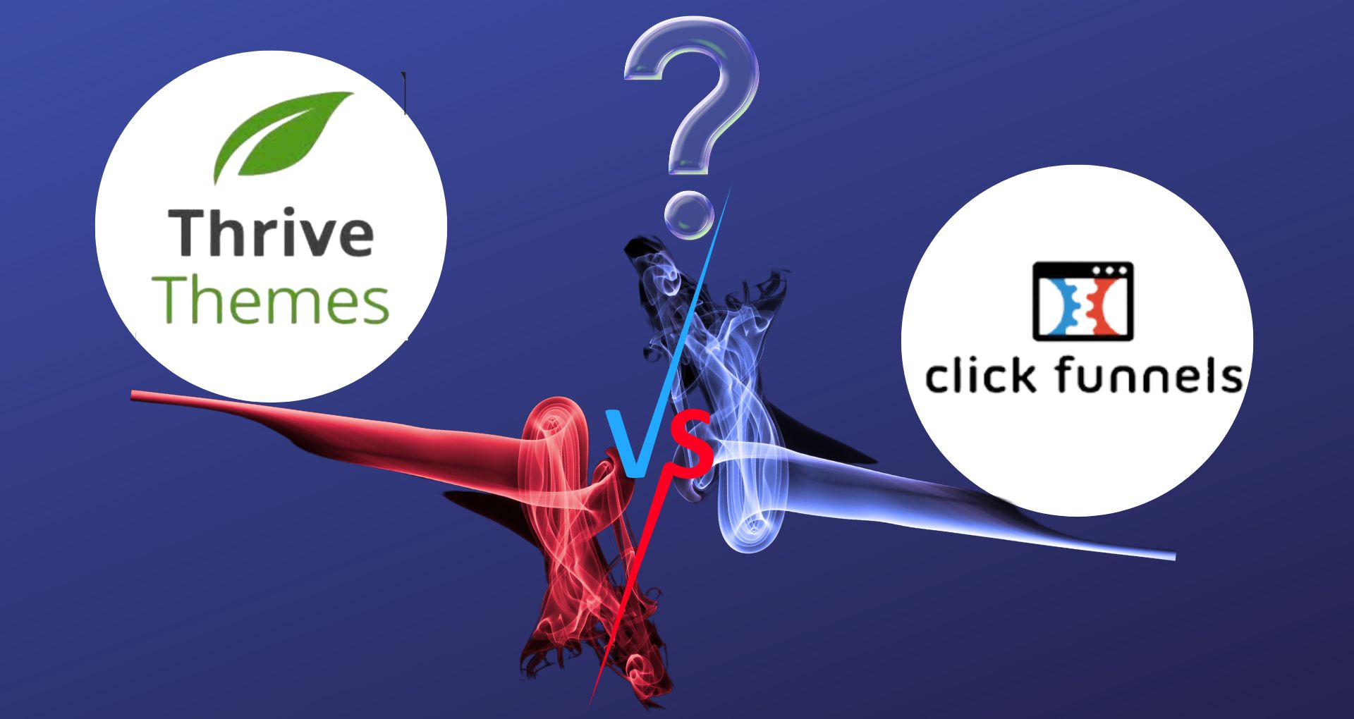 clickfunnels vs thrive themes scales on blue back ground with a question mark on a blue background.