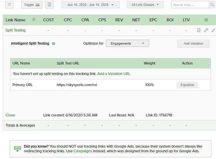 Clickmagick Intelligent split testing dashboard