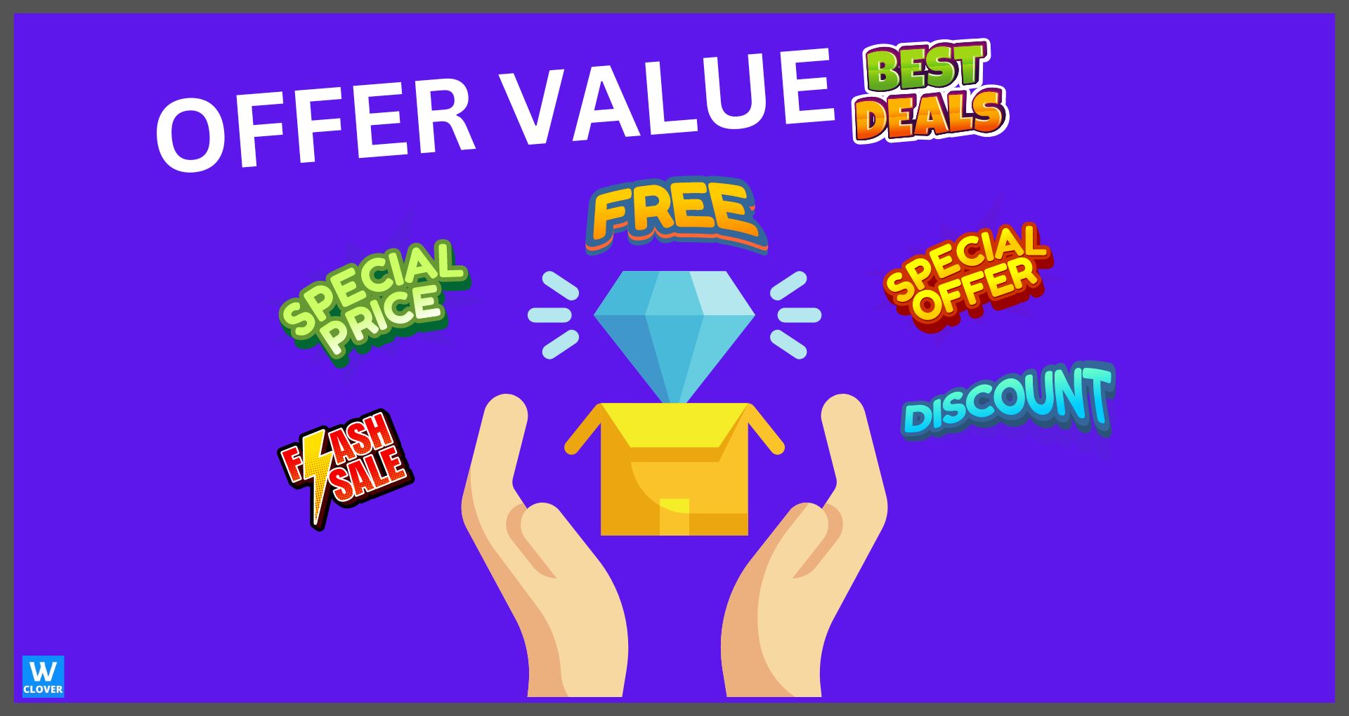 Offer Value info graphics 2 hands holding diamond in box proposed deals and discounts on a purple background