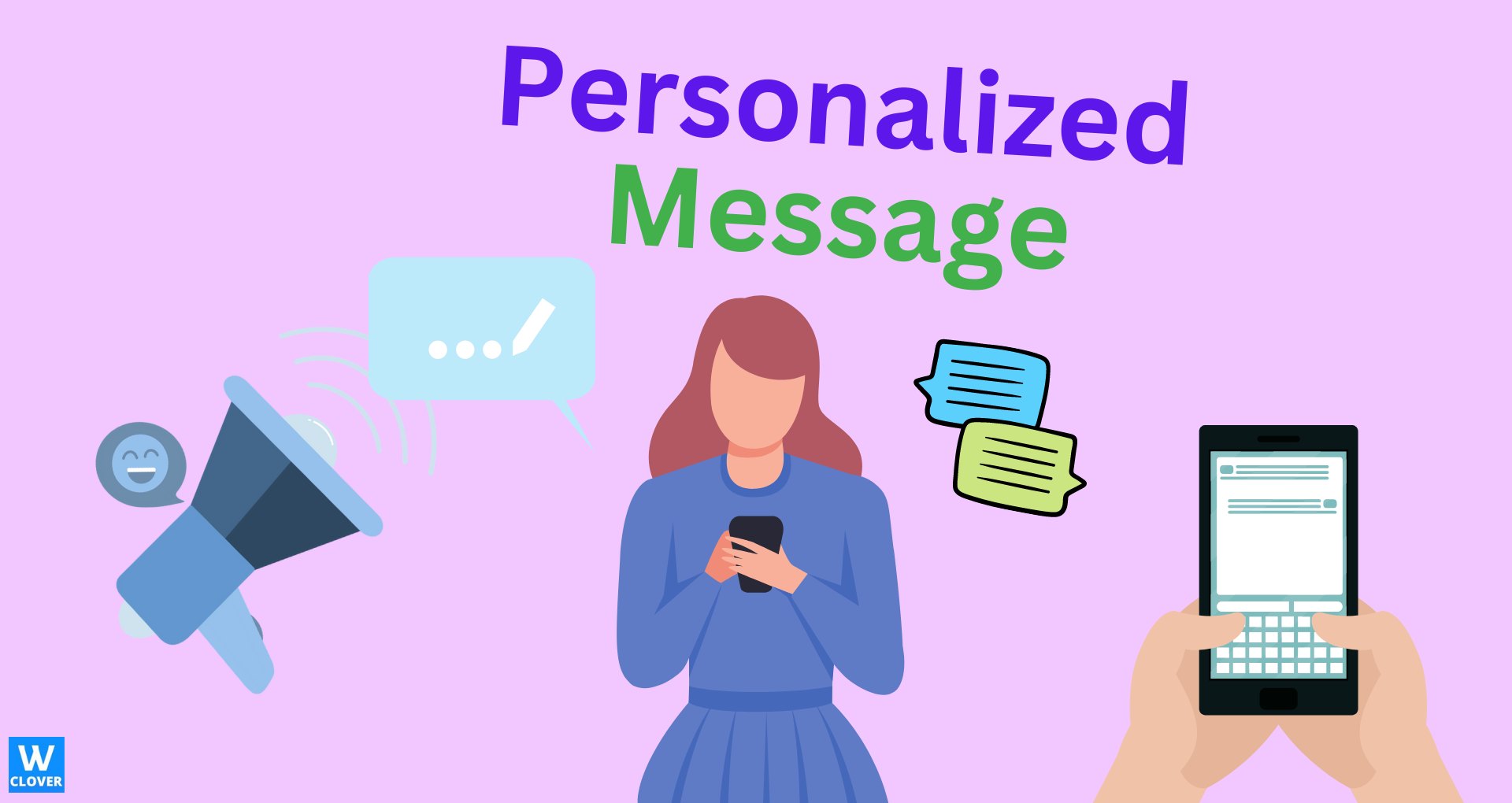 Personalized message infographic with girl on mobile phone on light purple background