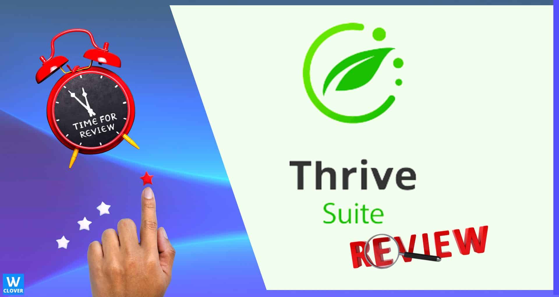 thrive suite review graphics of thrive logo clock and finger points to a star on green-blue background