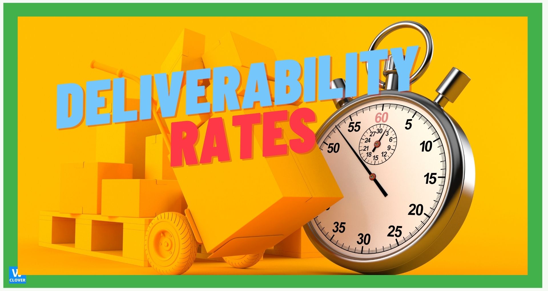 Email Deliverability Rate graphics of stop watch and crates on a yellow background