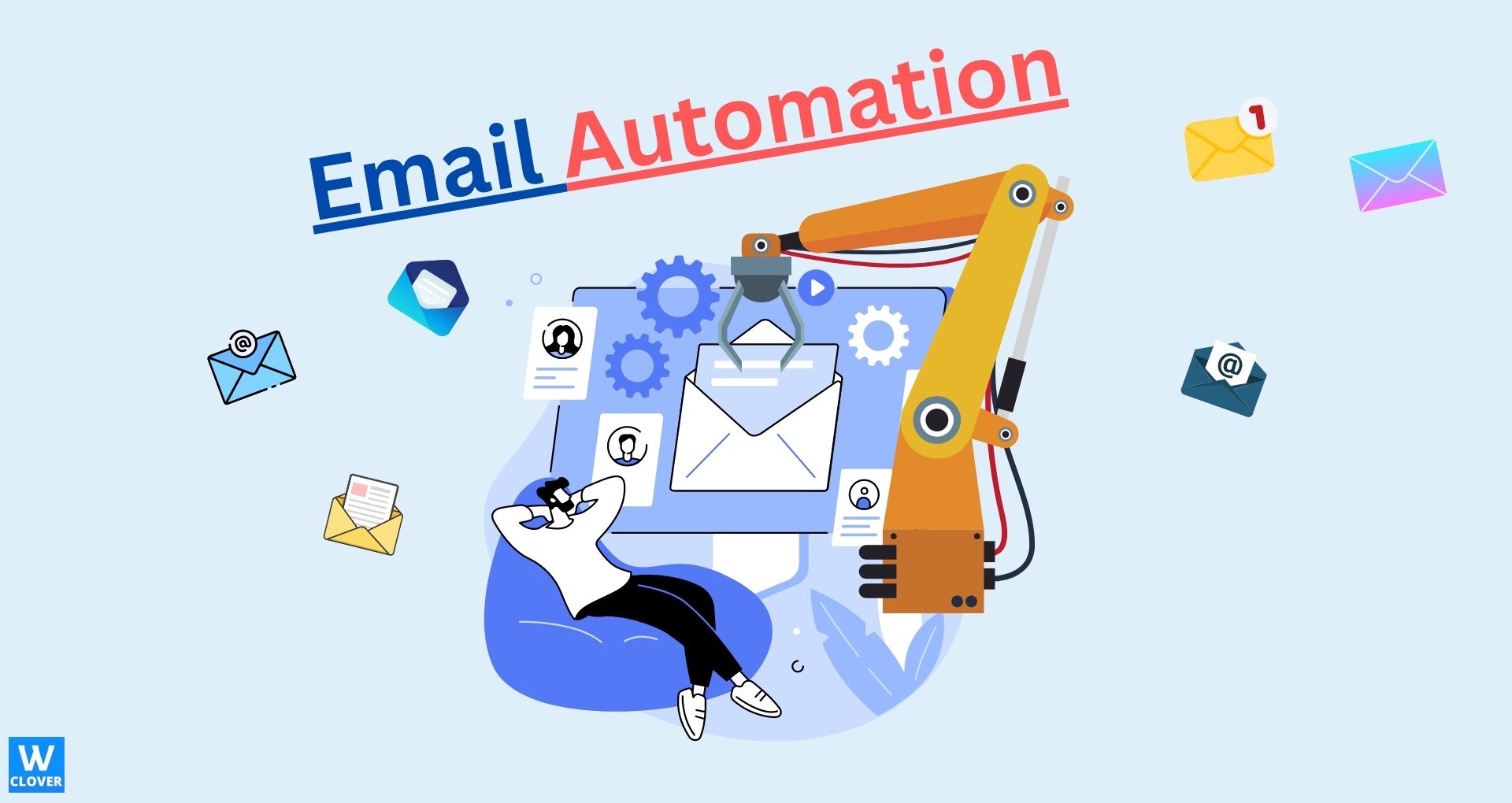 email Automation graphics of man sending eamails with envelopes on blue background