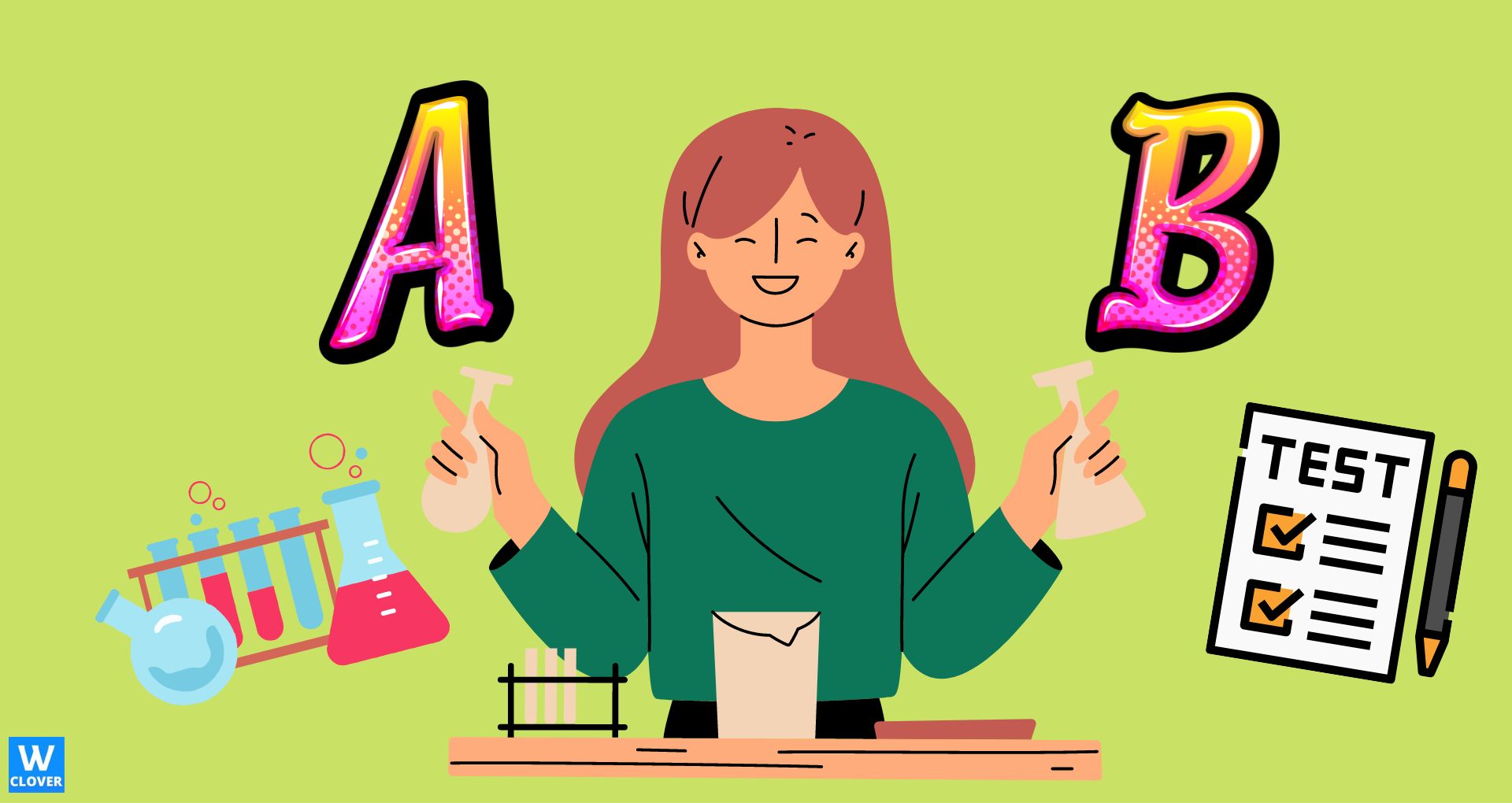 A/B Testing graphics of girl with letter A and B in each hand on green background