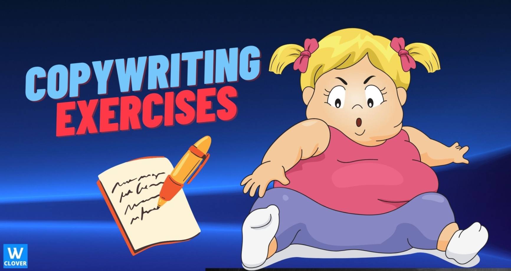 copywriting exercises graphics girl and book and pen sitting on a blue background