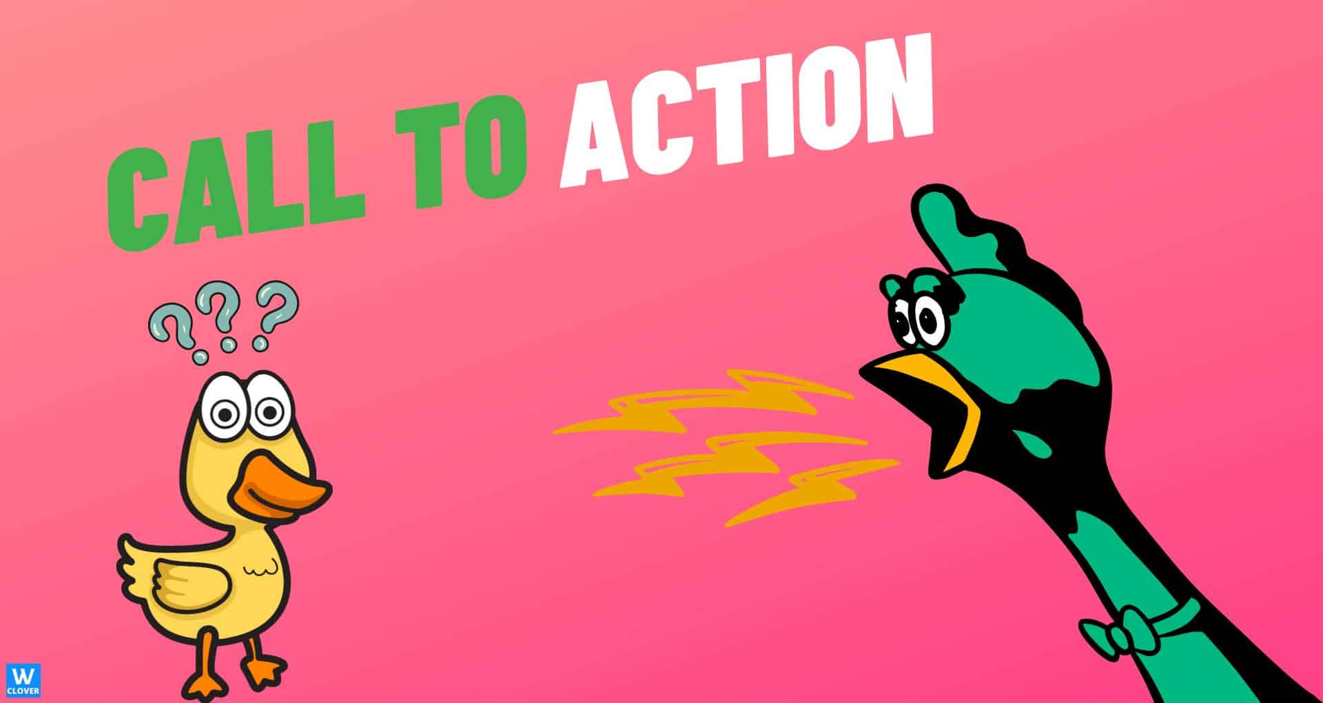 call to action-graphics green duck calling a yellow duck on pink background