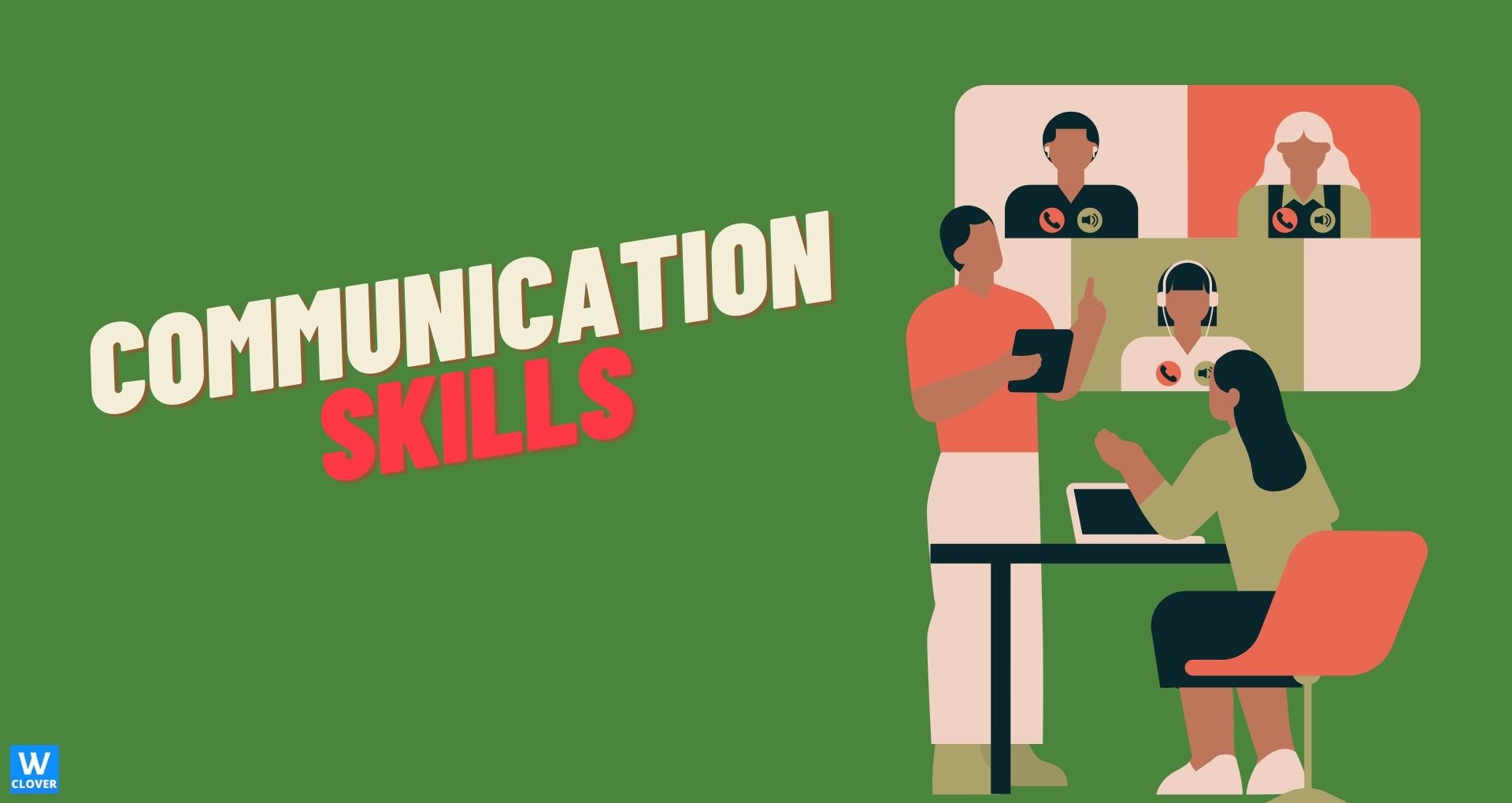 Communication Skills graphics man women communicating headset, laptop and tablet