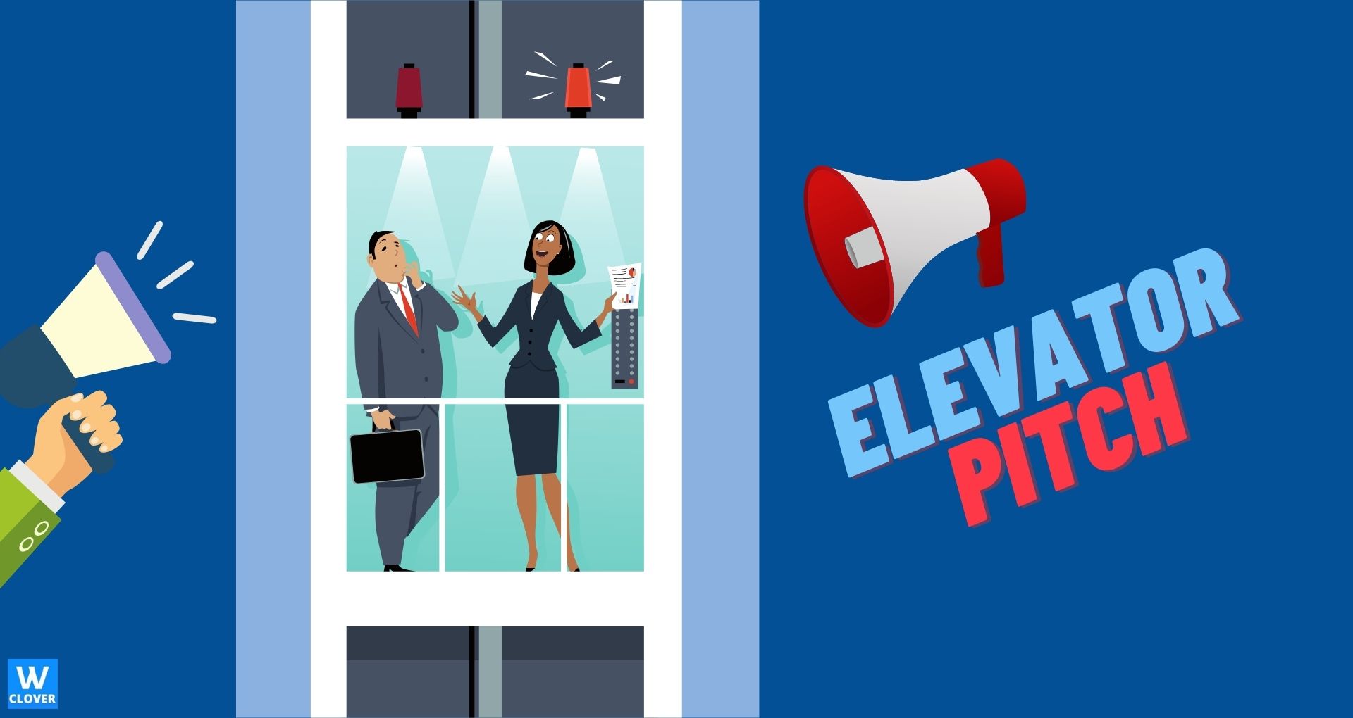 elevator pitch graphics man and women in an elevator with 2 megaphones pointing at them on a blue background