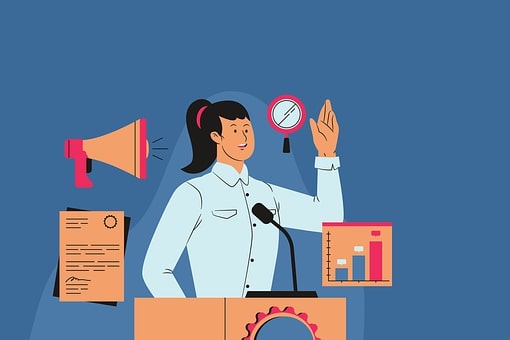 graphics for Influencer Marketing- girl speaking with a microphone blue background