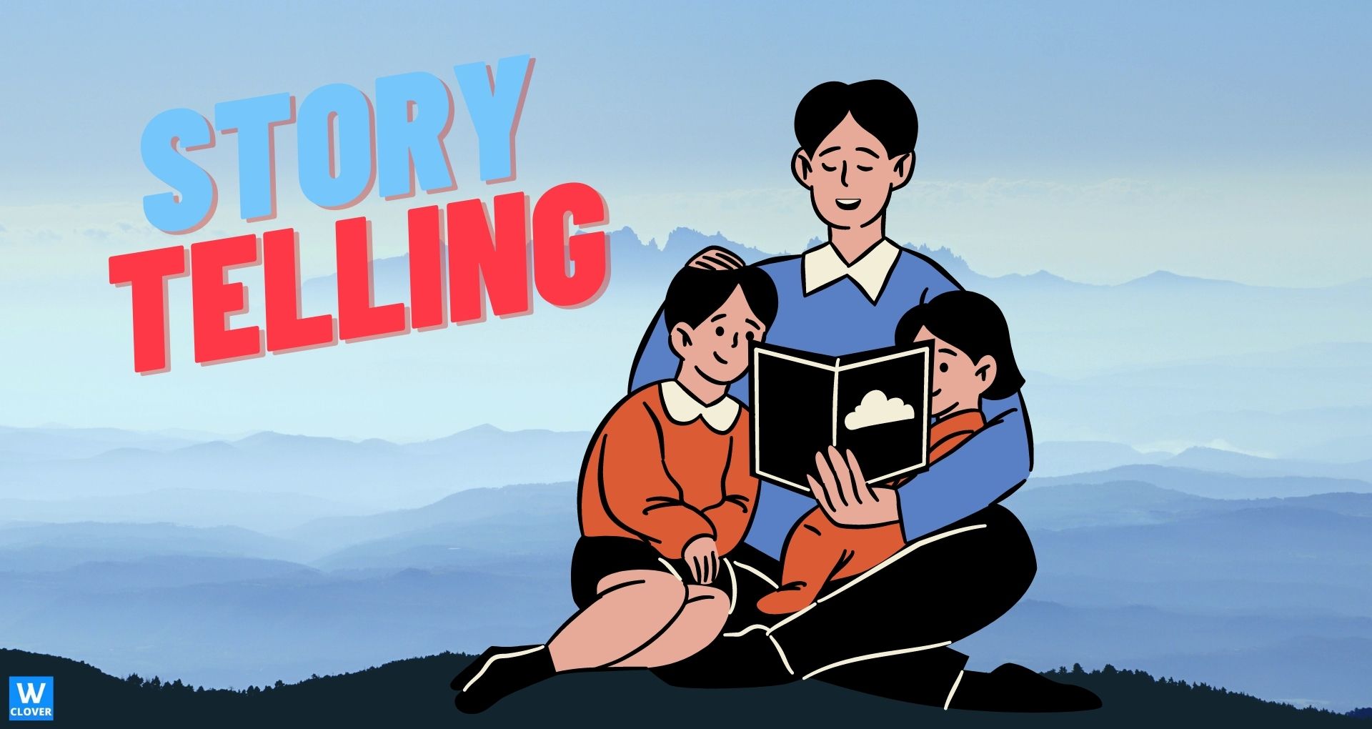 story telling graphics of a man sitting with 2 children reading a book blue sky background