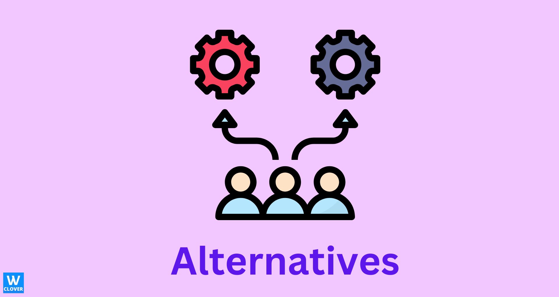 Thrive alternatives-two cogs three graphic figures and two arrows on a purple background