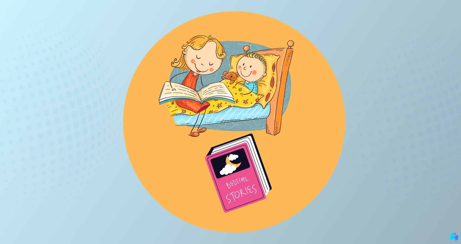 Create Children's Bedtime Storybooks- graphic mother reading to girl in bed, on yellow round background