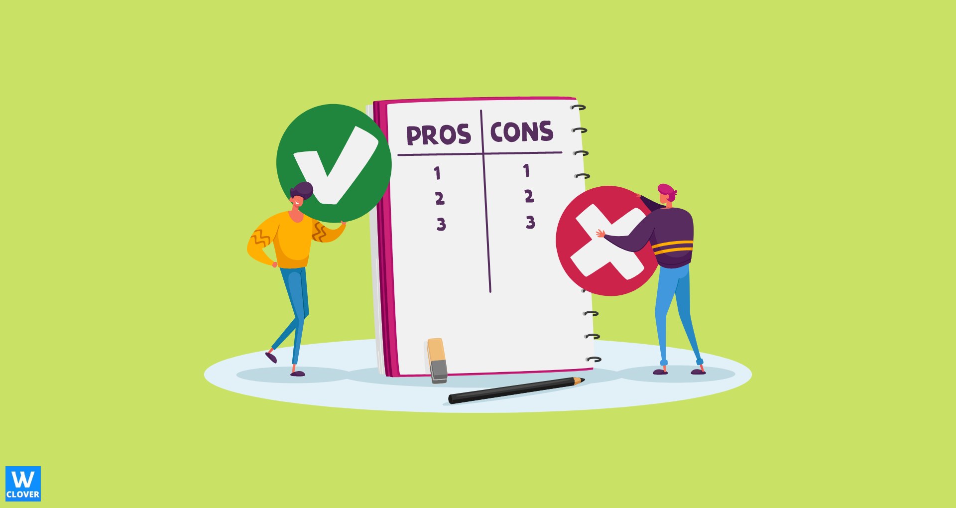 Pros and Cons man and women graphics on a green background