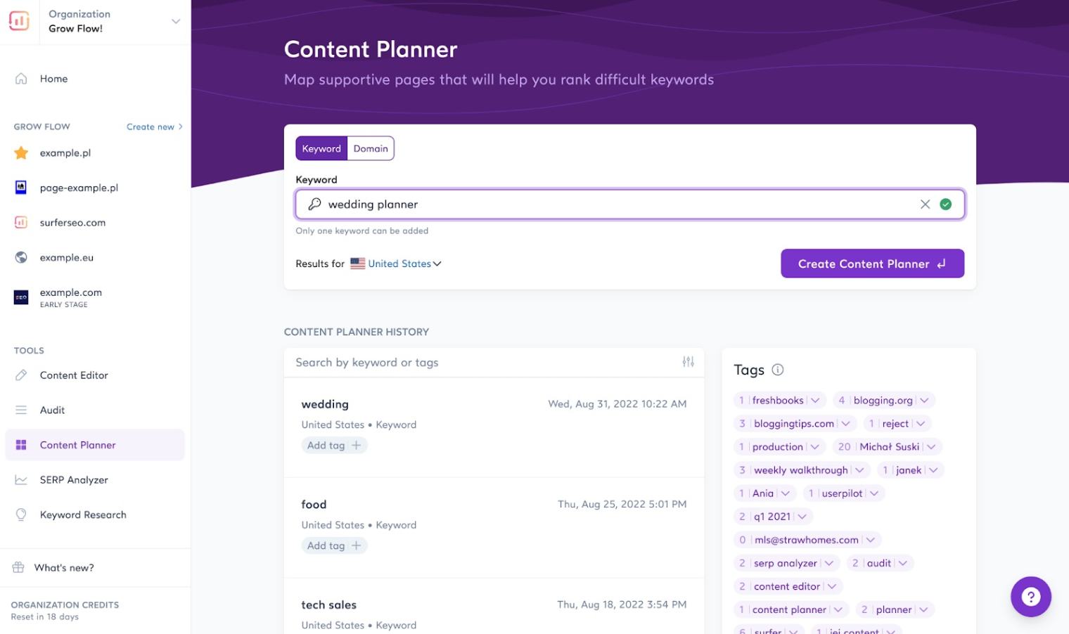 AI powered tools, Surfer SEO- content planner