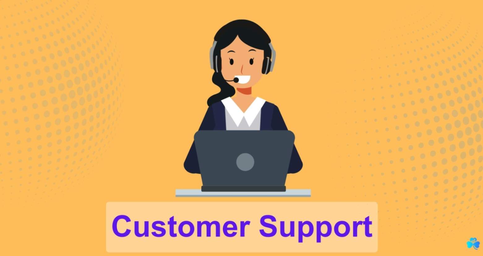 customer support-graphics- women wearing a headset using a laptop, on an orange background