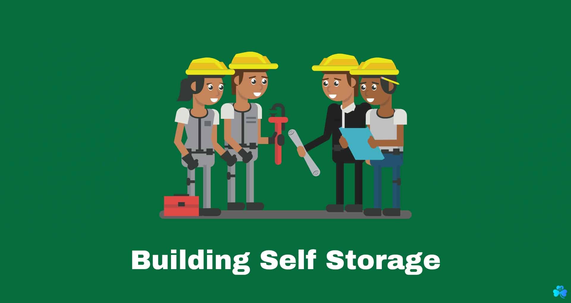 build self storage- builders talking wearing yellow hats on green background