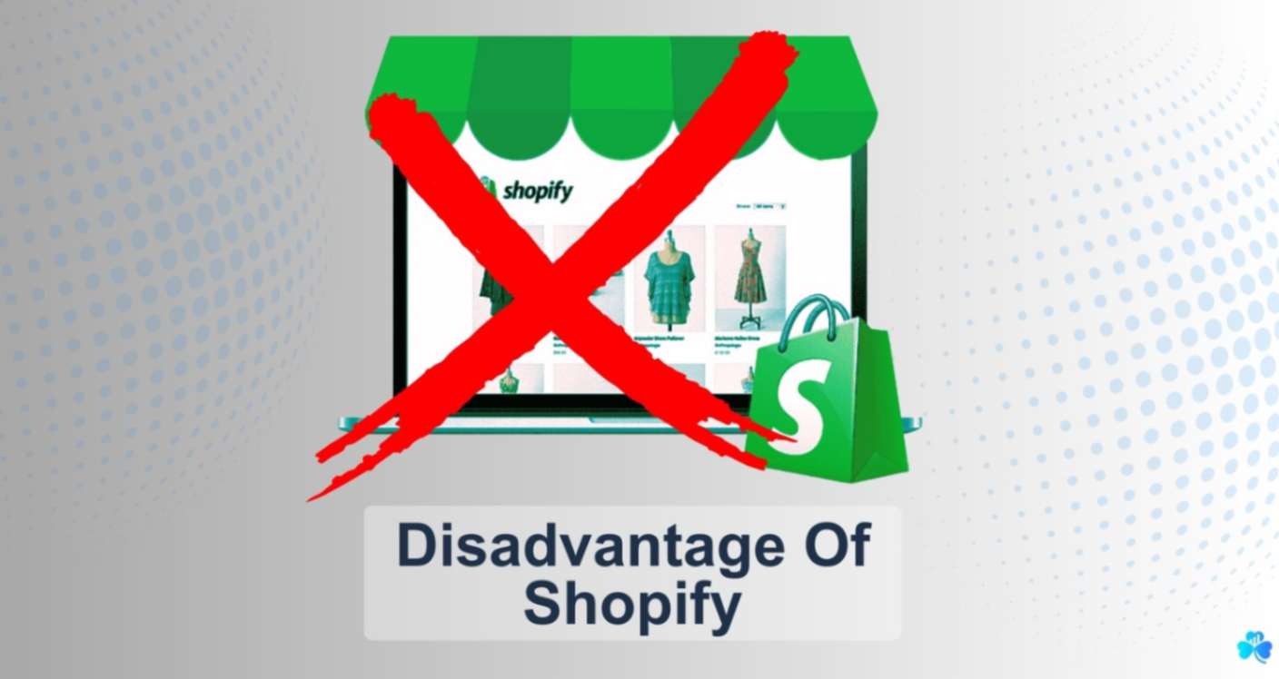 Disadvantage of Shopify- graphics of shopify shop with a red cross through it, on a grey background