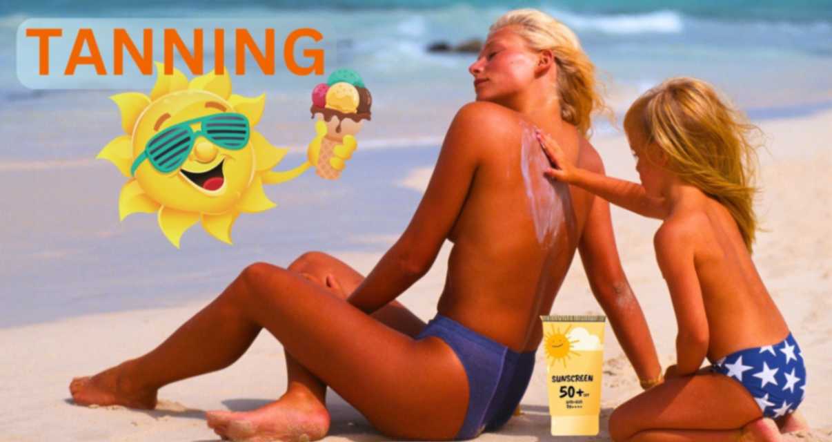 Tanning- suncream mum and daughter on beach daughter rubs cream on mums back