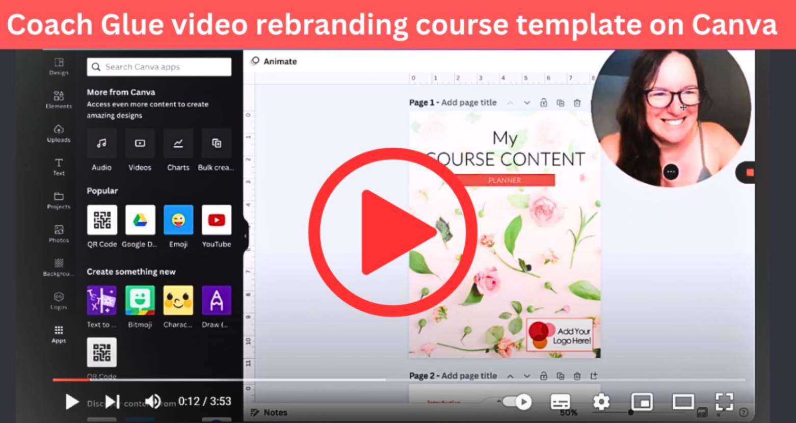 Coach Glue video rebranding course template on Canva