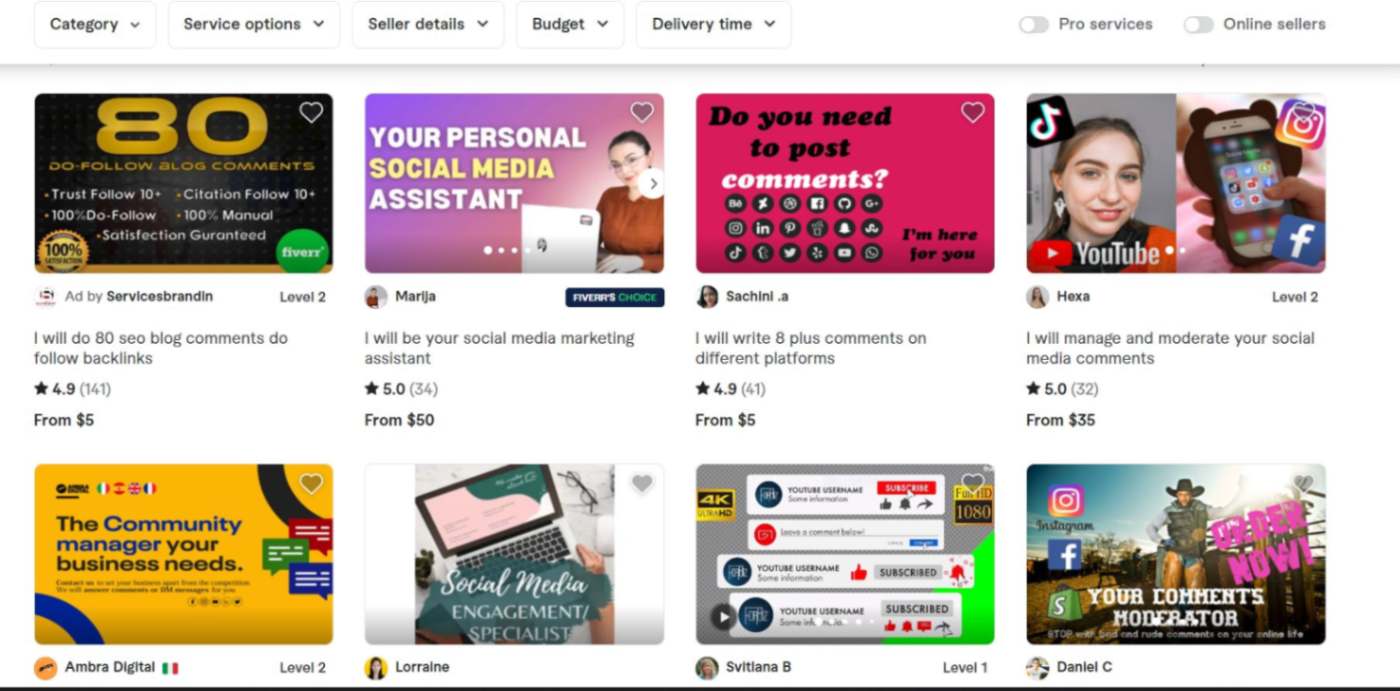 Comment Booster page on Fiverr showing various gigs