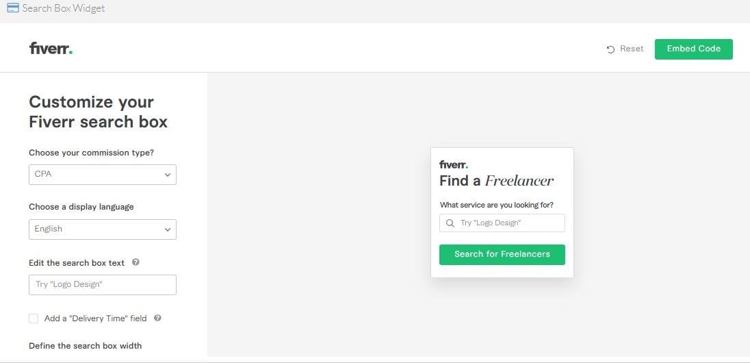 Fiverr Search Box Widget page