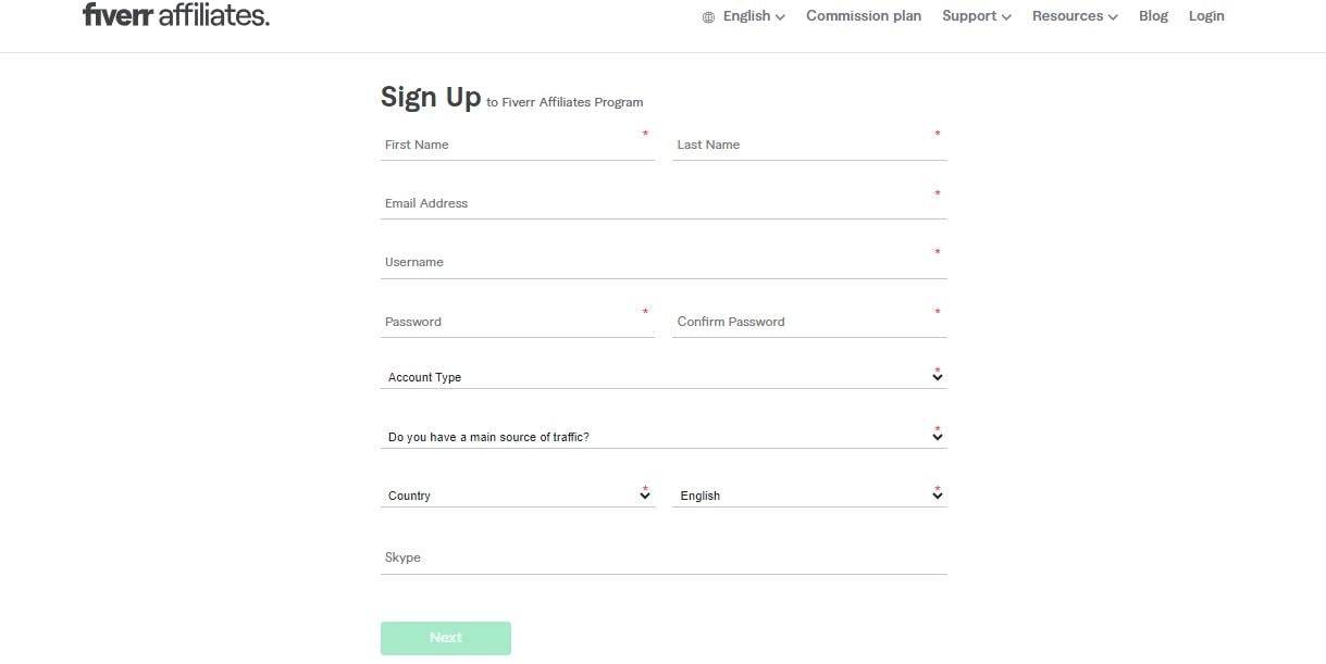 Fiverr sign up form