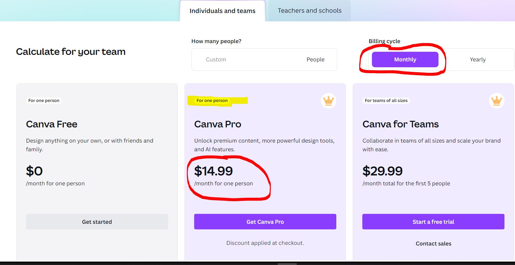 Canva pro pricing chart