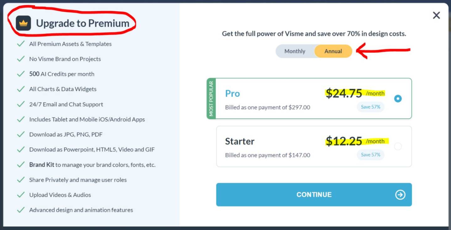 Visme annual pricing chart